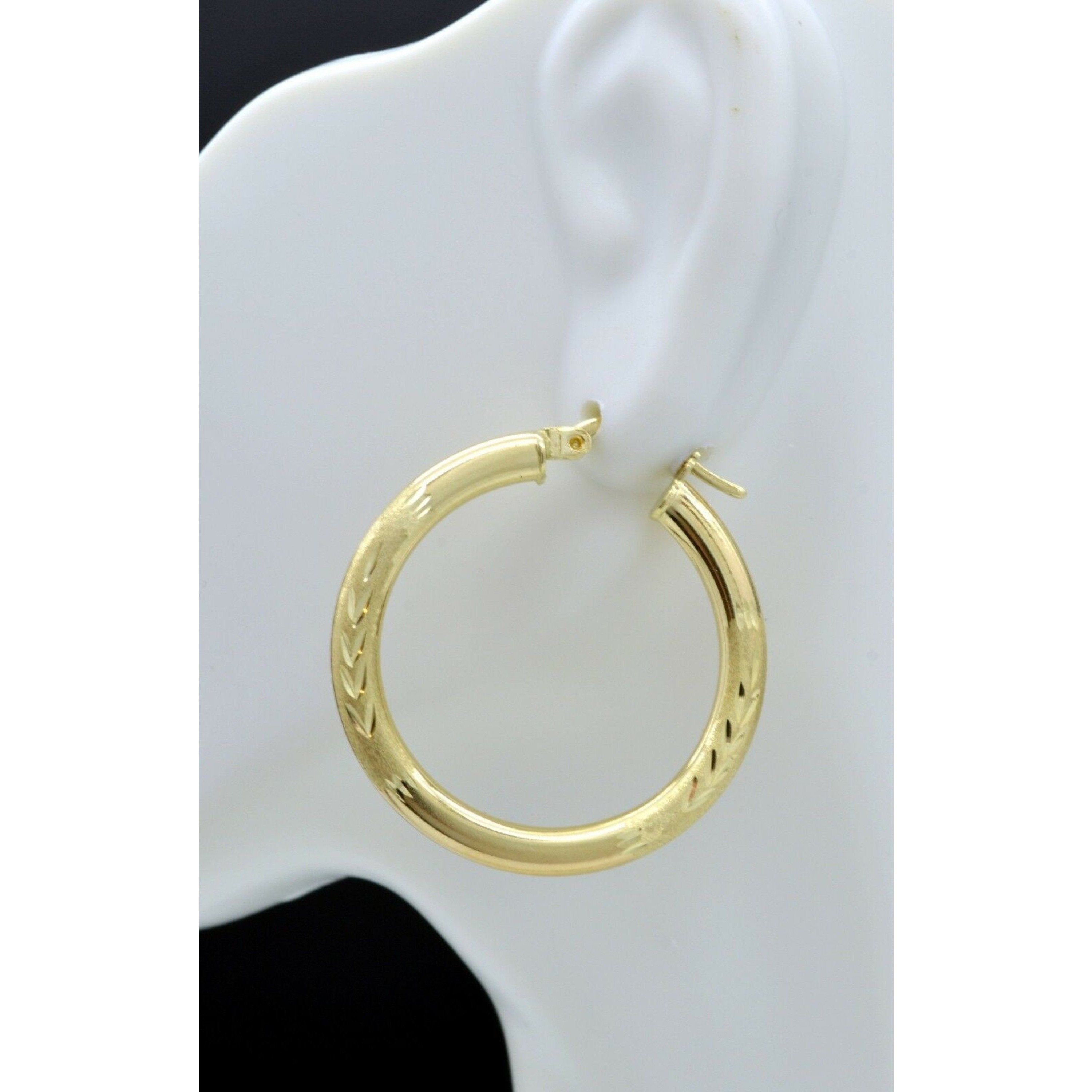 Real 10k Yellow Gold Large Hoop Diamond Cut Earrings | 30mm X3mm 2.2gr